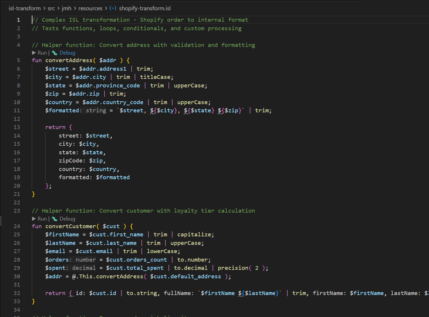 ISL source in the editor with CodeLens for Run, Test, and Debug