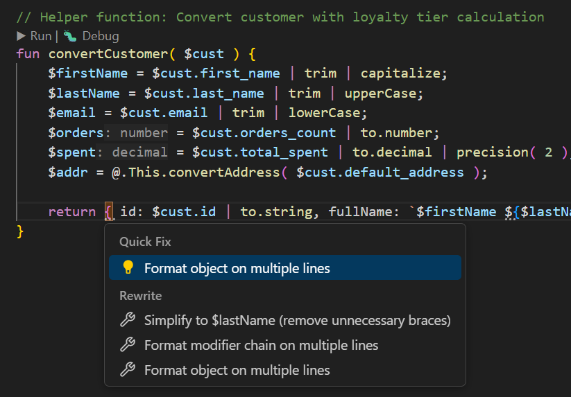 Quick fixes and code actions offered on ISL code