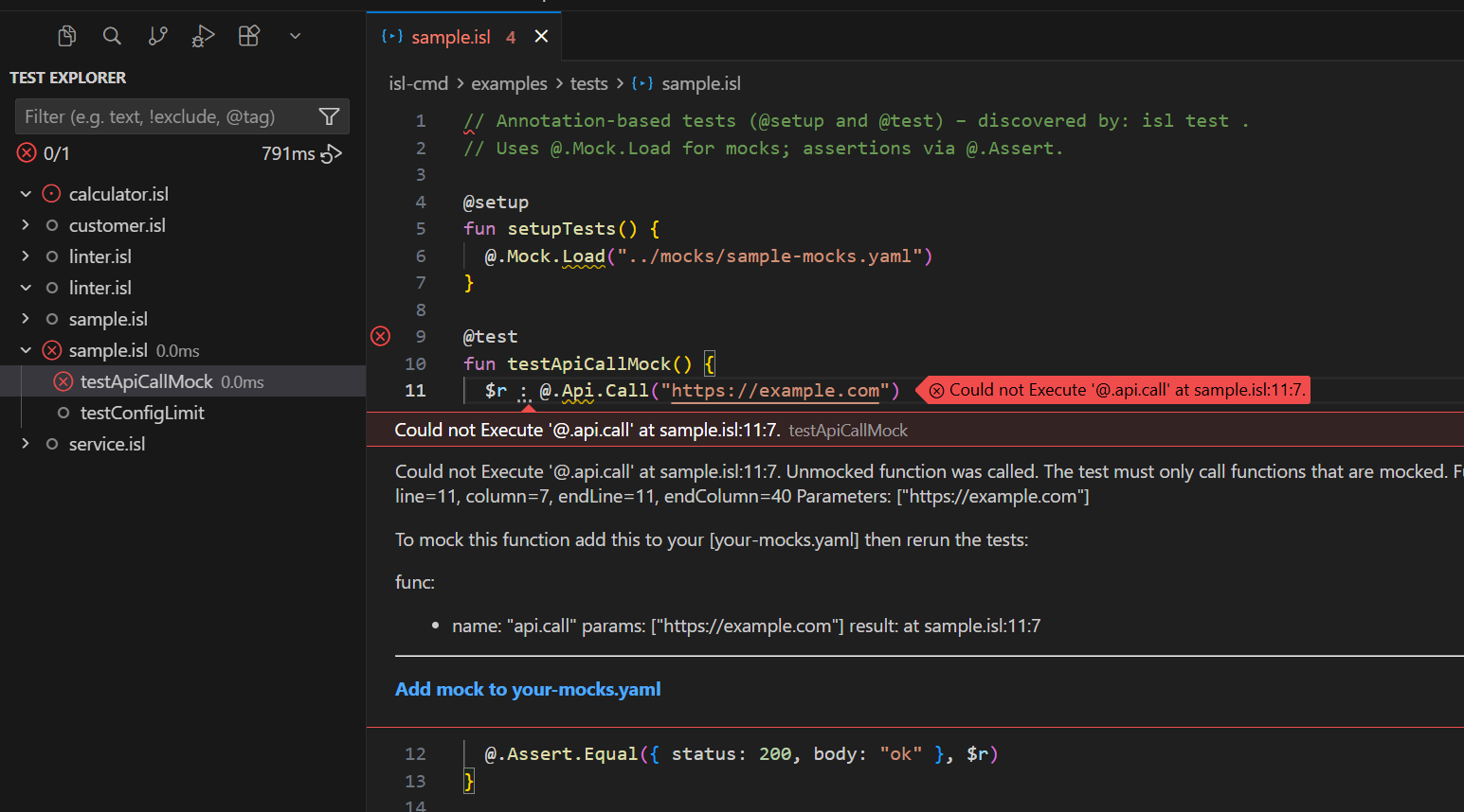 ISL unit tests with mocking in the test explorer or editor